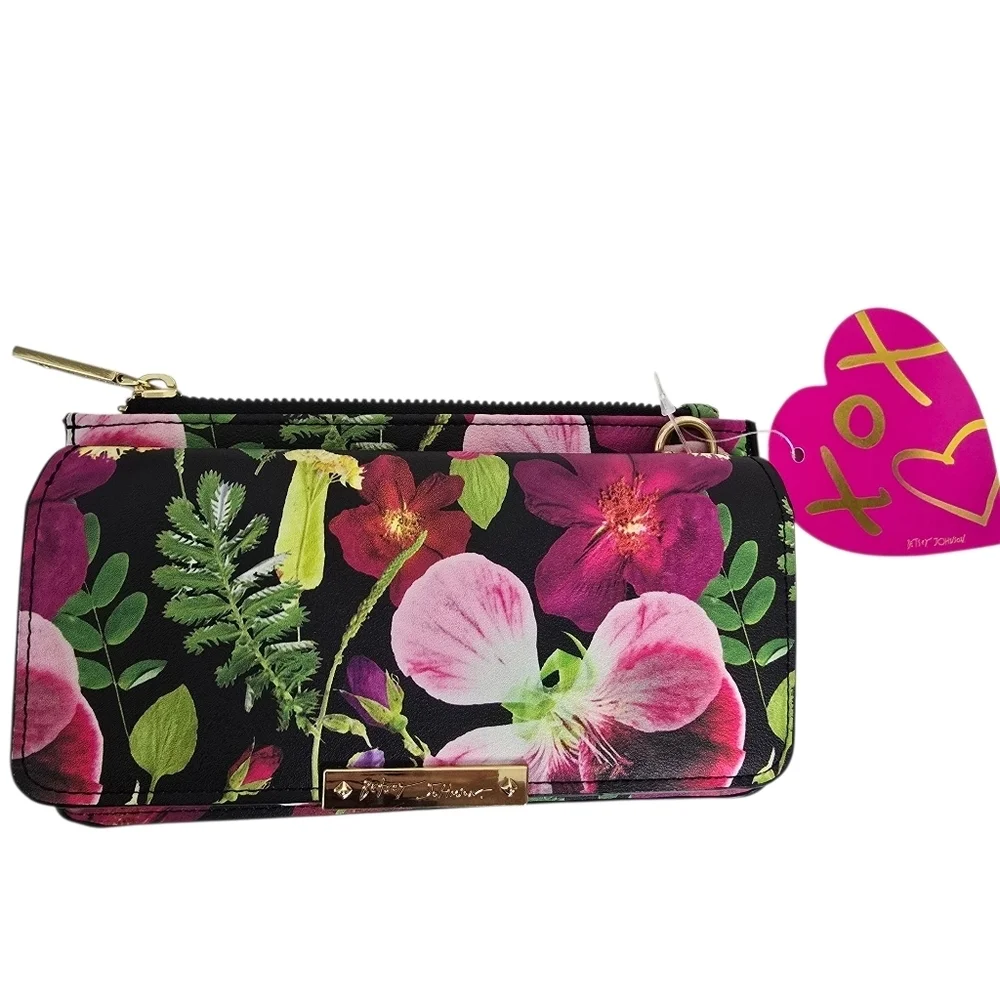 NWT Betsey Johnson Black Floral Faux Leather Bifold Wallet